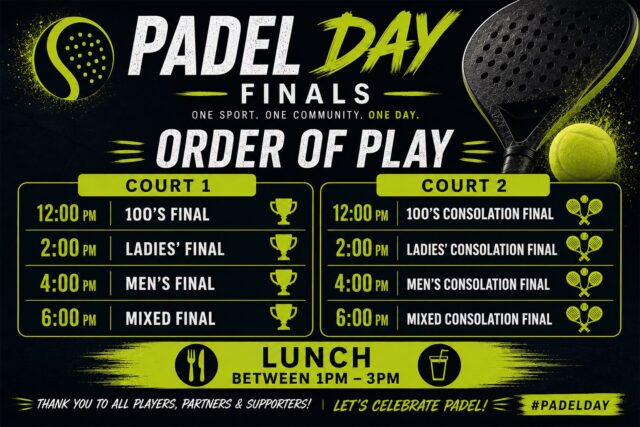 TODAY the Bourne Padel Club Championship FINALS are taking place! 
We’ve seen some incredible and tough Padel matches so far but today the finalists come head to head and our order of play is finally here! 

Lunch is available for purchase between 1pm-3pm including a spread of cold dishes, sweet treats and fruit. 

Come on down to enjoy the sunshine and a day of community fun to support our players! 

#padelmatch #clubchampionships #farnhamcommunity #farnhamevents #surreypadel