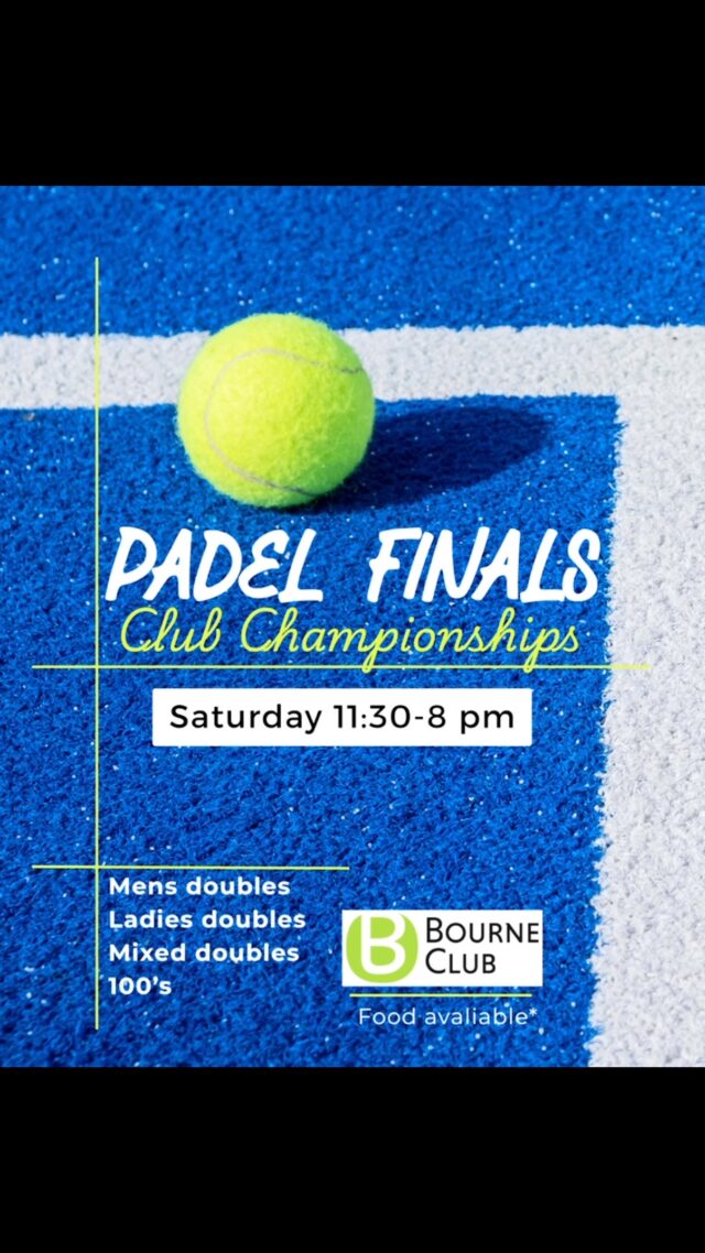 Padel Finals Day for Bourne Club Championships is happening this Saturday 11th July! 

A day filled with competitive matches, community spirit, food and fun. Come watch and support our club members in the finals of the club championship rounds and find out who’s holding the trophy at the end. 

*Register on our website to have food on the day, including a selection of pastas, salads, wraps, fruits & desserts.

We have plenty of outdoor seating and our bar will be open so you can enjoy the matches with a drink in the sunshine. 

Good luck players 🏆 

#clubchampionships #farnham #padelmatch #surreysports #surreypadel