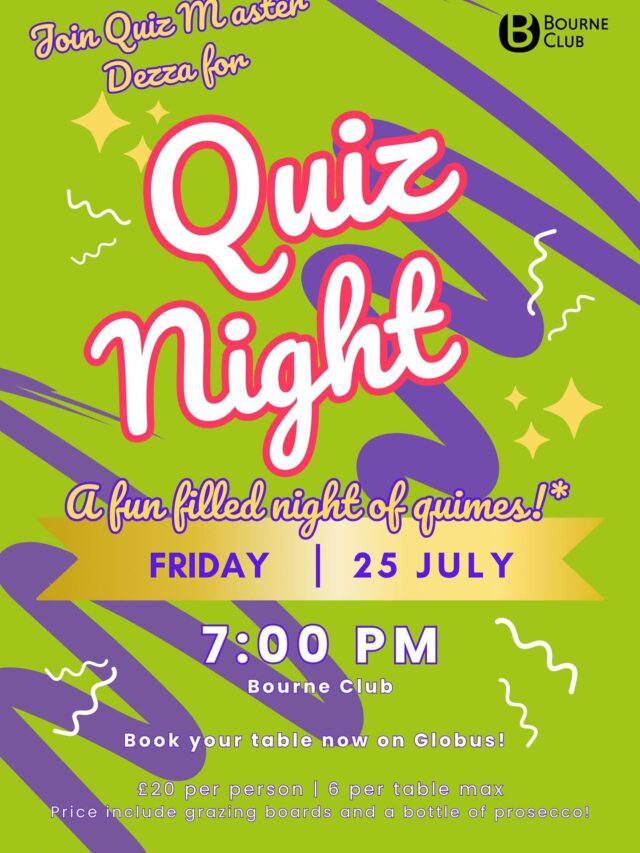 We’re excited to announce that the Bourne Club Quiz Night will be back with a bang on Friday 25th July!
 
Our one and only, Derick Jacobs will be making his debut as Quiz Master Dezza, and adding his own personal touch to proceedings. 
 
Book your table via Globus for a Friday night of fun, frolics and much much more!

#bourneclub #quiznight #bourneclubquiz #quizmaster #quizlover #racquetsclub