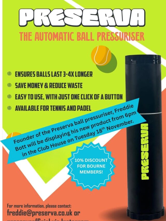 Pop along to the Club tomorrow evening and meet Freddie Bott, founder of the Preserva, the automatic ball pressuriser. He will be selling his new product in the Club House and offering members a 10% discount! 

#thebourneclub #racquetsclub #racquetsports #tennisball #padelballs #ballpressuriser #localbusiness #smallbusiness