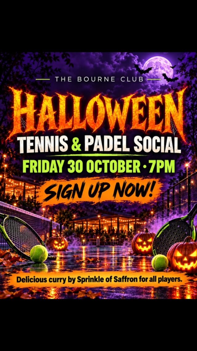 The countdown is on!! 🎃 
Join us for a spooktacular evening at our Halloween Tennis & Padel Social on Friday, 30 October at 7pm! 

Enjoy a fun evening on court, followed by delicious curry from @foodies.sprinkleofsaffron for all players. It is the perfect opportunity to catch up with friends, meet fellow members and enjoy some Halloween spirit!

Whether you are joining us for Tennis or Padel, we would love to see you there.

Sign up now below to secure your place!

We look forward to a frightfully fun evening together! 👻 

Tennis link: https://930w4.r.sp1-brevo.net/mk/cl/f/sh/SMK1E8tHeFuBmOnusM32vqMl3AtZ/JgUjvYGgvNG3

Padel link: https://930w4.r.sp1-brevo.net/mk/cl/f/sh/SMK1E8tHeG13EXcs3WCX1ffV1TTp/28MOGoJzXXtA

#farnhamevents #halloweenevent #surreytennis #farnhamsurrey #padelevent