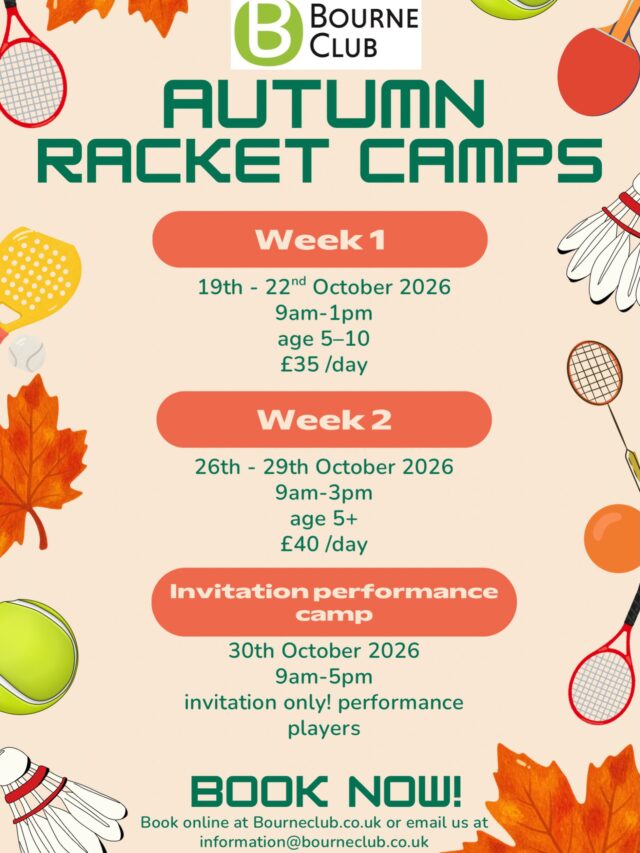 🎾 AUTUMN HALF TERM MULTI-RACKETS CAMPS 🍂

Keep the kids active, entertained and having fun this Half Term at The Bourne Club!

🍁 WEEK ONE | 20th–22nd October
📅 Tuesday–Thursday | 9am–1pm
👧 Ages 5–10 | £35
🎾 Fun, skills and a variety of racket sports!

🍂 WEEK TWO | 26th–29th October
📅 Monday–Thursday | 9am–3pm
👧 Ages 5+ | £40 per day
🙌 Book all 4 days and save!
⏰ Late pick-up available.

🏆 FRIDAY 30th OCTOBER | INVITATION TENNIS CAMP
⏰ 9am–5pm
By invitation only — selected players will be contacted by Coach Ruben.

Bookings are OPEN! Spaces are limited, so book now to secure your place.

We can’t wait for an action-packed Half Term! 🎾🍂

#farnham #halftermcamp #juniortennis #halftermactivities #farnhamevents