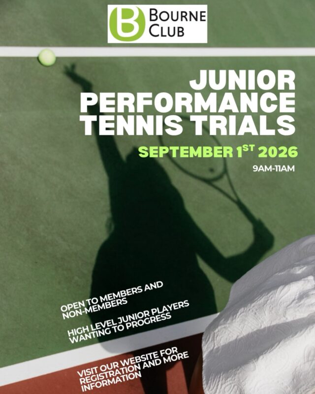 LAST CHANCE to book!!!

- Free trial: Tuesday 1 September, 9am–11am

- Venue: The Bourne Club’s new indoor acrylic court. 12 Frensham Road, Farnham, GU9 8HB

- Who it’s for: Juniors wanting to take their tennis more seriously and progress to the next level

- Coaching: Master Performance Level 5 coaches

-Members and non-members: Both are welcome

- Parents: Can stay and watch, have a coffee, or simply drop off

- Booking: Free, but registration is required in order to manage numbers; non-members can create a profile and sign up.

www.bourneclub.clubsolution.co.uk

Our junior performance tennis trials are a fantastic opportunity for members and non-members to try out for free and become part of The Bourne Club Junior Performance Programme.

We look forward to welcoming you to this exciting session and if you have any queries, please do not hesitate to contact 
Andy Warry at awarry@bourneclub.co.uk

#hampshiretennis #surreytennis #tennislife #farnham #ltayouth