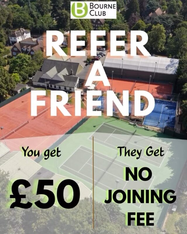 GOOD THINGS ARE BETTER SHARED! 🎾💚
Do you love being a member at The Bourne Club? - Why don’t bring a friend along! 

Refer a friend who joins as a Platinum Member and you’ll BOTH enjoy a little bonus! ✨

💚YOU GET: £50 credit added to your club membership account
💚YOUR FRIEND GETS: No joining fee!

With 7 racket sports, gym access, unlimited court bookings, coaching and social sessions, there’s plenty to share at The Bourne- ALL IN 1 MEMBERSHIP! 

So, who’s joining you? Tag a friend who needs to be part of the club! 👀

#surreytennis #farnham #referafriend #membershipperks #surreylife
