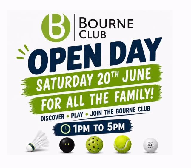 🎉 THE BOURNE CLUB OPEN DAY 🎉

📅 Saturday 20th June
⏰ 1pm – 5pm
📍 Farnham

Looking for a friendly, welcoming sports club for the whole family? Come along to our Open Day and discover everything The Bourne Club has to offer!

✨ Special Open Day Membership Offer
✅ No joining fee for the rest of June
✅ New members receive a complimentary Bourne Club black canvas tote bag

🏸 7 racket sports + gym
🎾 2 brand-new padel courts
🎾 5 recently resurfaced outdoor tennis courts
🎾 Winter tennis bubble
🏟️ Newly resurfaced sports hall

👨‍👩‍👧‍👦 Whether you’re a complete beginner or a seasoned player, we offer a wide range of adult and junior coaching through the Bourne Club Academy, plus popular racket camps for children aged 5+ during school holidays.

🎈 FREE family fun for non-members
🍿 Popcorn
🍪 Cookie
🍦 Ice pop
☕ Hot or cold drink

(All non-members who sign in will receive a green token to redeem their complimentary refreshments.)

🎉 Entertainment includes:
🌽 Corn Hole
🔴 Connect Four
🏰 Bouncy Castle
🎨 Face Painting

🎁 Prize Draw for all registered non-member guests
Win fantastic prizes including:
• Bourne Club tote bag
• Branded water bottle
• Bourne Club cap
• Pen & lanyard set
• Tube of tennis balls
• Rackets camp voucher
• 3-month Bronze Badminton, Pickleball & Gym Membership

Bring your family, meet our members, explore our facilities and see why so many people call The Bourne Club their sporting home.

We can’t wait to welcome you!

#Farnham #OpenDay #FamilyFun #SportsClub #FarnhamLife